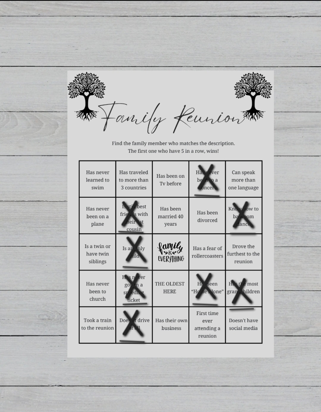 Family Reunion Bingo Game