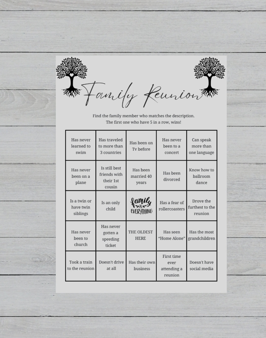 Family Reunion Bingo Game