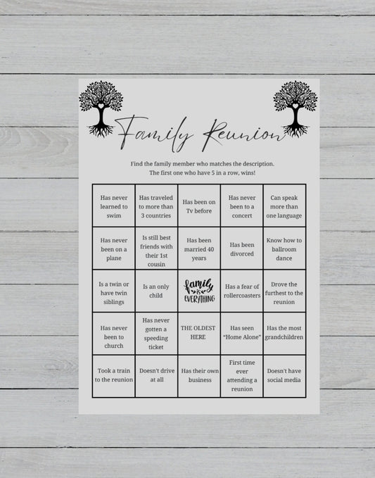 Family Reunion Bingo Game